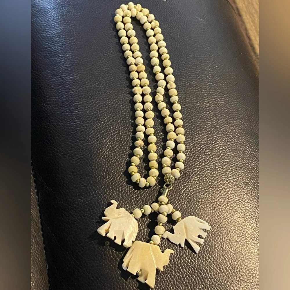 Vintage Carved Bone Cream Beaded Necklace with 3 Elephant Pendants Good Luck